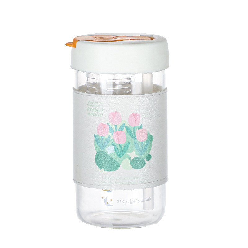 380 ML  Glass Tumbler with Straw and Lid for Loose Leaf Flower Herbal Tea