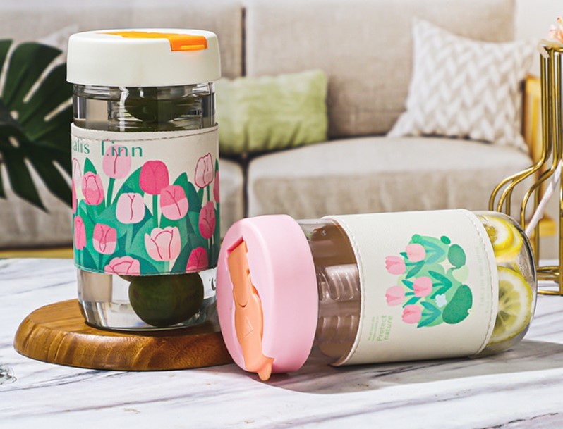 380 ML  Glass Tumbler with Straw and Lid for Loose Leaf Flower Herbal Tea