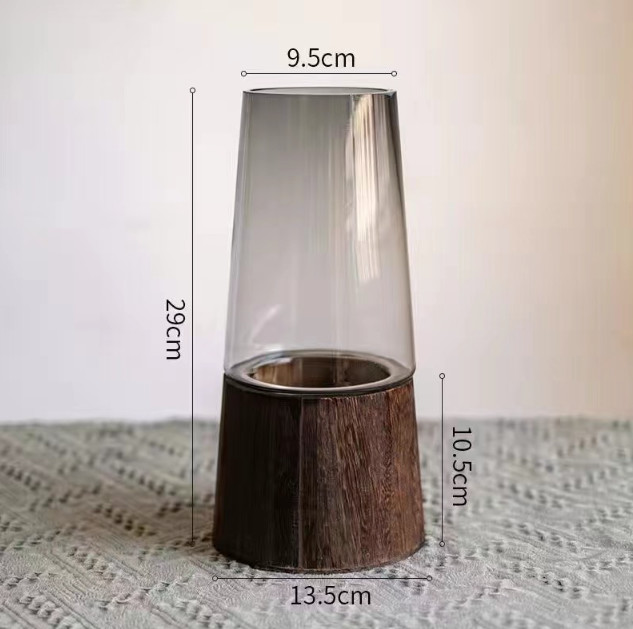 H29cm Elegant Glass Vase Home Decor Living Room Office Centerpieces Wooden Base